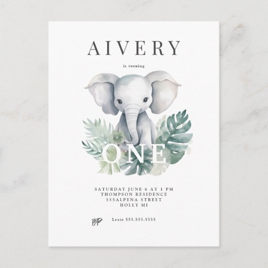 Neutrale Cute Elephant First Birthday Invitation Briefkaart (Voorkant)
