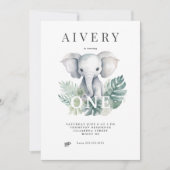 Neutrale Cute Elephant First Birthday Invitation Kaart (Voorkant)