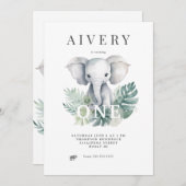 Neutrale Cute Elephant First Birthday Invitation Kaart (Voorkant / Achterkant)
