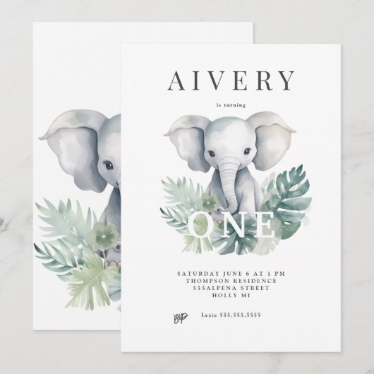 Neutrale Cute Elephant First Birthday Invitation Kaart (Voorkant / Achterkant)