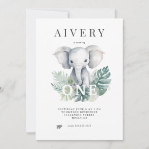 Neutrale Cute Elephant First Birthday Invitation Kaart