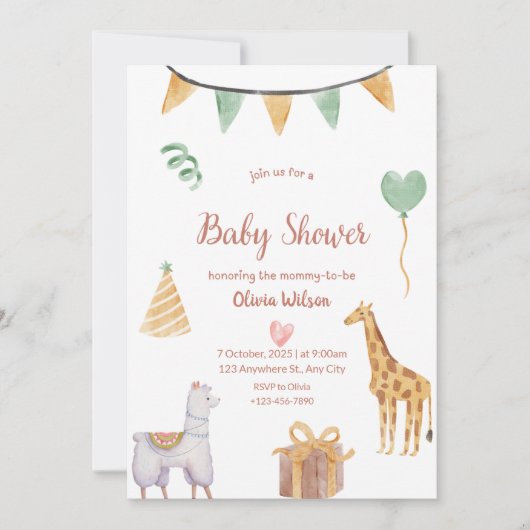 neutrale dieren baby uitnodiging baby shower (Voorkant)