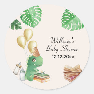 Neutrale Dinosaurus Verhaaltjesboek Ballon Baby Sh Ronde Sticker