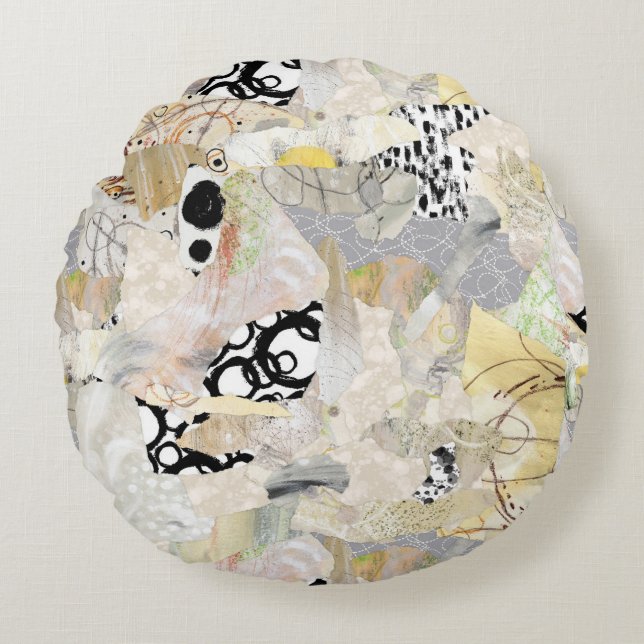 Neutrale Elegante Abstracte Collage Ontwerp Rond Kussen (Voorkant)