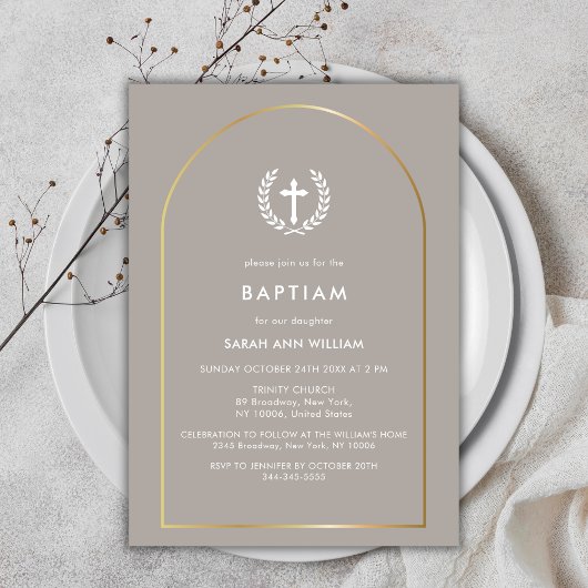 Neutrale Elegante Gouden Boog Krans Doopkruis Kaart