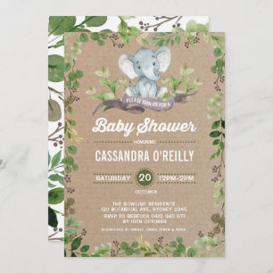 Neutrale Elephant Baby shower Greenery Invitation Kaart