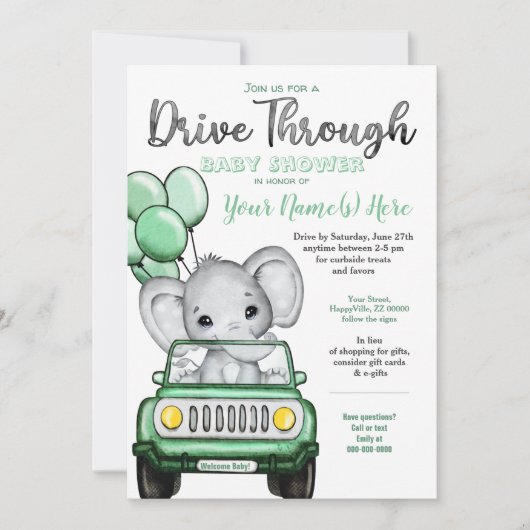 Neutrale ellephant Baby shower Drive by Mint Car Kaart (Voorkant)