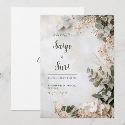 Neutrale eucalyptus bloemenbruiloft kaart (Voorkant / Achterkant)