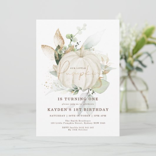 Neutrale Eucalyptus Greenery Gold Pumpkin Birthday Kaart (Staand voorkant)