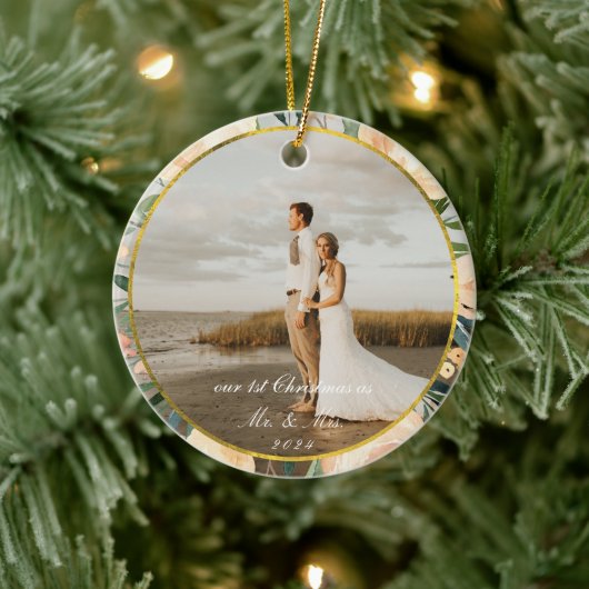 Neutrale Floral Gold Lijst eerste kerstfoto Keramisch Ornament (Boom)