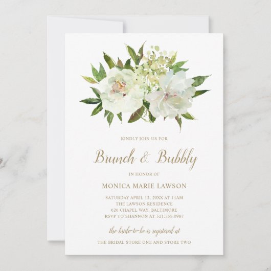 Neutrale Floral White Ivory Gold Brunch en Bubble Kaart (Voorkant)