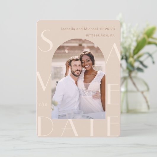 Neutrale foto Weddenschap Save The Date (Staand voorkant)
