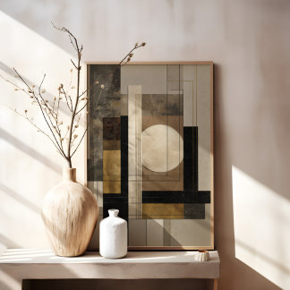 Neutrale Geometrische Abstract, Beige Zwart Goud Canvas Afdruk