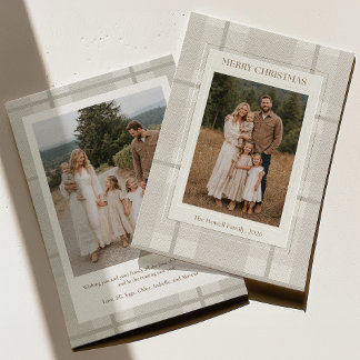 Neutrale geruite familiefoto kerstkaart