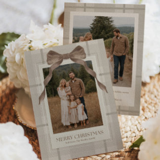 Neutrale geruite familiefoto kerstkaart