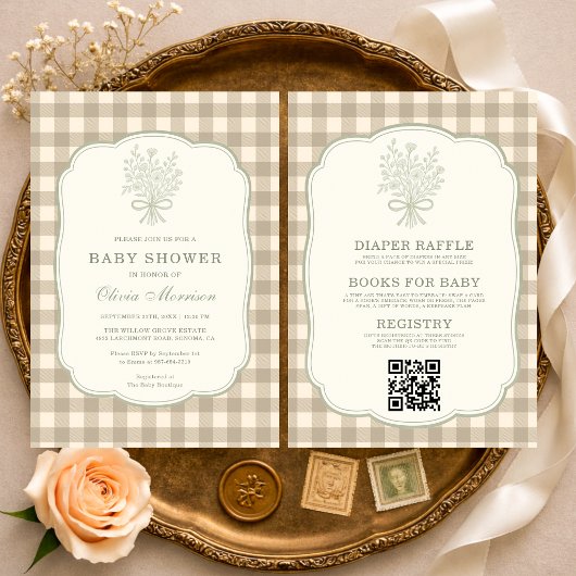 Neutrale Gingham Bloemenslinger All-in-One Baby Sh Kaart