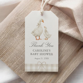 Neutrale Gingham Dwaze Gans Baby Shower Cadeaulabel