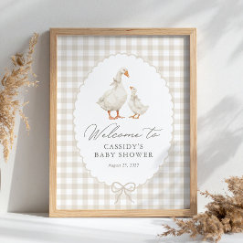 Neutrale Gingham Dwaze Gans Babyshower Welkomstbor Poster