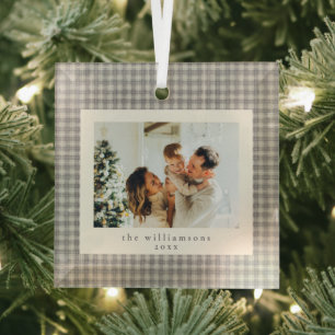 Neutrale Gingham Familie Foto Kerstcadeau Glas Ornament