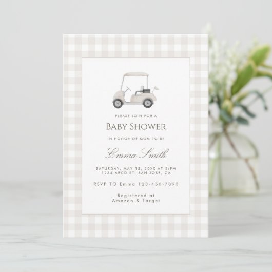 Neutrale Gingham Golfkar Baby Shower Kaart (Staand voorkant)