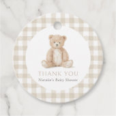 Neutrale Gingham Teddybeer Baby Shower Bedankjes Labels (Voorkant)