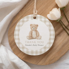 Neutrale Gingham Teddybeer Baby Shower Bedankjes Labels