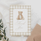 Neutrale Gingham Teddybeer Babyshower Bedankkaart