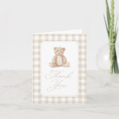 Neutrale Gingham Teddybeer Babyshower Bedankkaart (Voorkant)