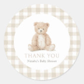 Neutrale Gingham Teddybeer Babyshower Ronde Sticker (Voorkant)