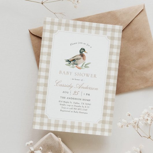 Neutrale Gingham Wilde Eend Baby Shower Kaart