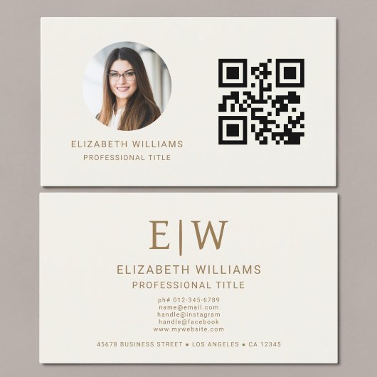 Neutrale Gouden QR Code Foto Monogram Visitekaartje