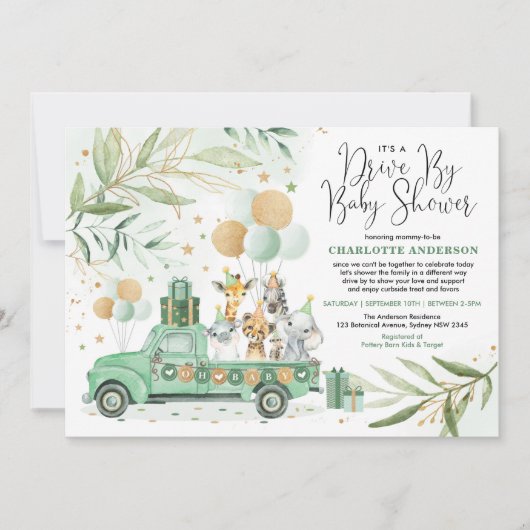 Neutrale Greenery Gold Safari drive op Baby shower Kaart (Voorkant)