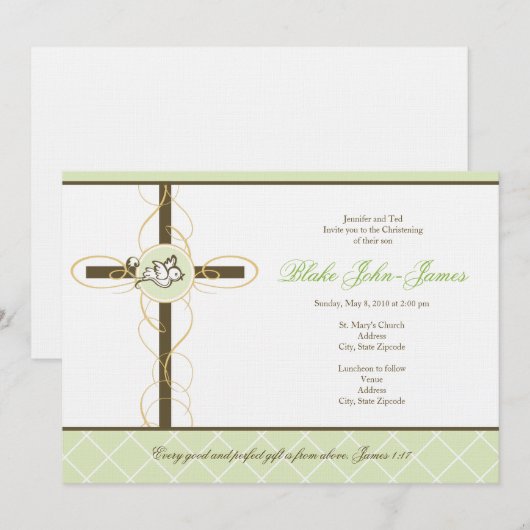 Neutrale Groene Christening/Baptisme Uitnodiging (Voorkant / Achterkant)