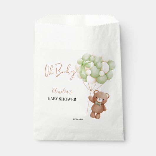 Neutrale Groene Teddybeer Oh Baby Balloon Baby Bedankzakje (Voorkant)