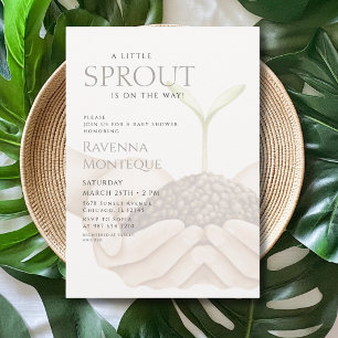 Neutrale handen planten een klein spruitje baby sh kaart