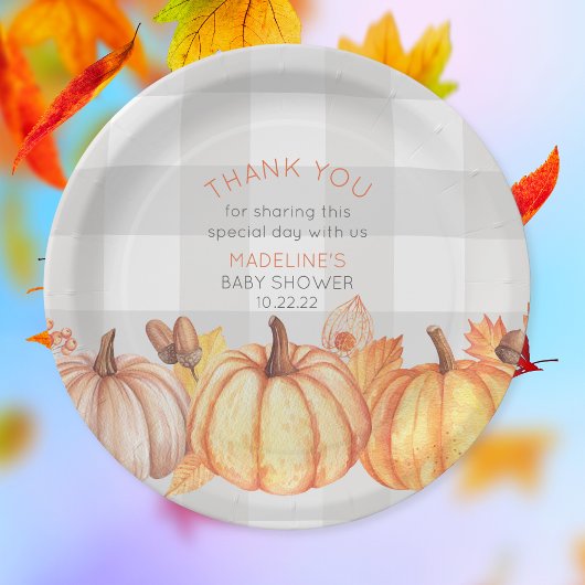 Neutrale herfst pompoen baby shower tafel decor papieren bordje