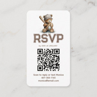 Neutrale honkbal teddybeer babyshower QR RSVP Informatiekaartje
