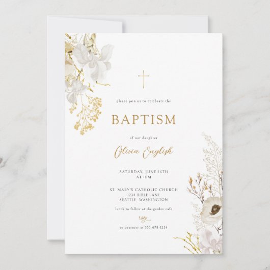 Neutrale Ivory Gold Wildflower Baptism Uitnodiging (Voorkant)