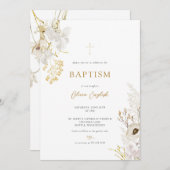 Neutrale Ivory Gold Wildflower Baptism Uitnodiging (Voorkant / Achterkant)