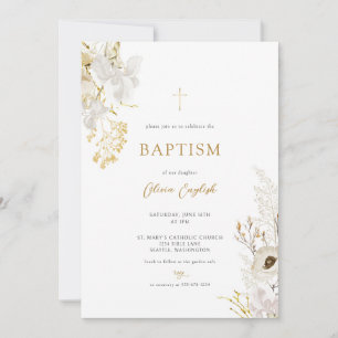 Neutrale Ivory Gold Wildflower Baptism Uitnodiging