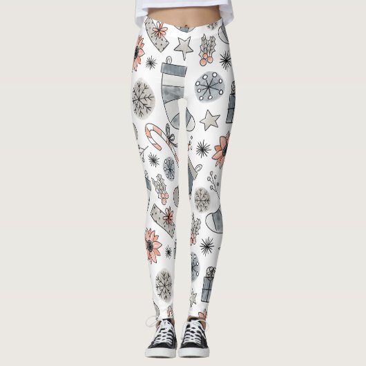 Neutrale kerst Leggings met handgetekend patroon (Voorkant)