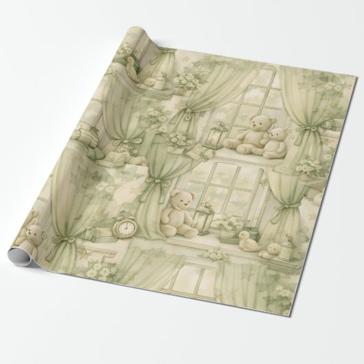 Neutrale kinderkamer teddybeer kamer beige patroon cadeaupapier (Uitgerold)