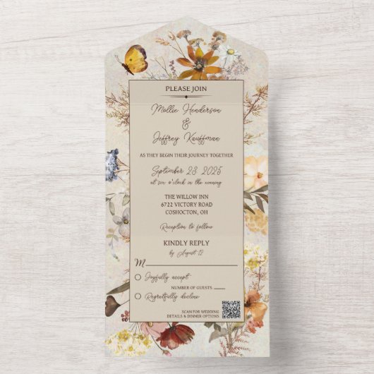Neutrale Kleur Wildbloemen op Beige met QR Code All In One Uitnodiging (Binnen)