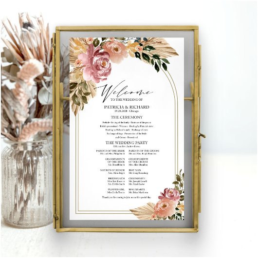 Neutrale kleuren Boho bloemen bruiloftsprogramma b Poster