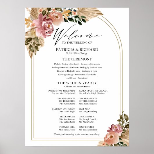 Neutrale kleuren Boho Floral Wedding Program teken Poster (Voorkant)