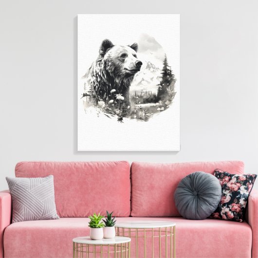 Neutrale kleuren Waterverf beer in het bos Canvas Afdruk (Insitu (Woonkamer))