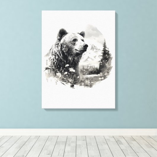 Neutrale kleuren Waterverf beer in het bos Canvas Afdruk (Insitu (Houten vloer))