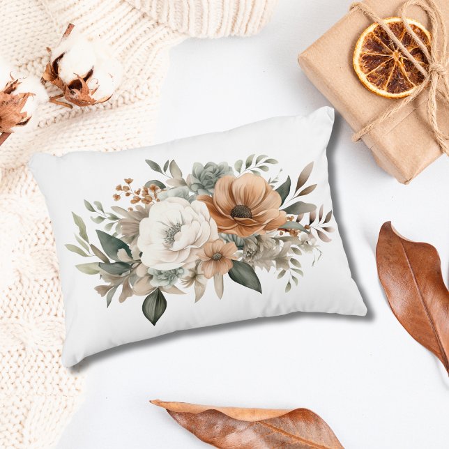 Neutrale kleuren wit beige blauw groen bloemig accent kussen (Neutral Colors Watercolor Floral Flowers Beige Cream Brown Blue Greenery Accent Pillow)