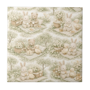 Neutrale Konijn Beer Picknick Bloementuin (3) Tegeltje