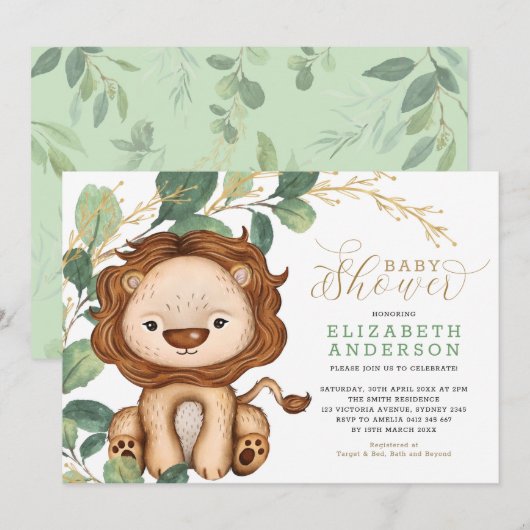 Neutrale Lion Soft Greenery Gold Baby shower Kaart (Voorkant / Achterkant)